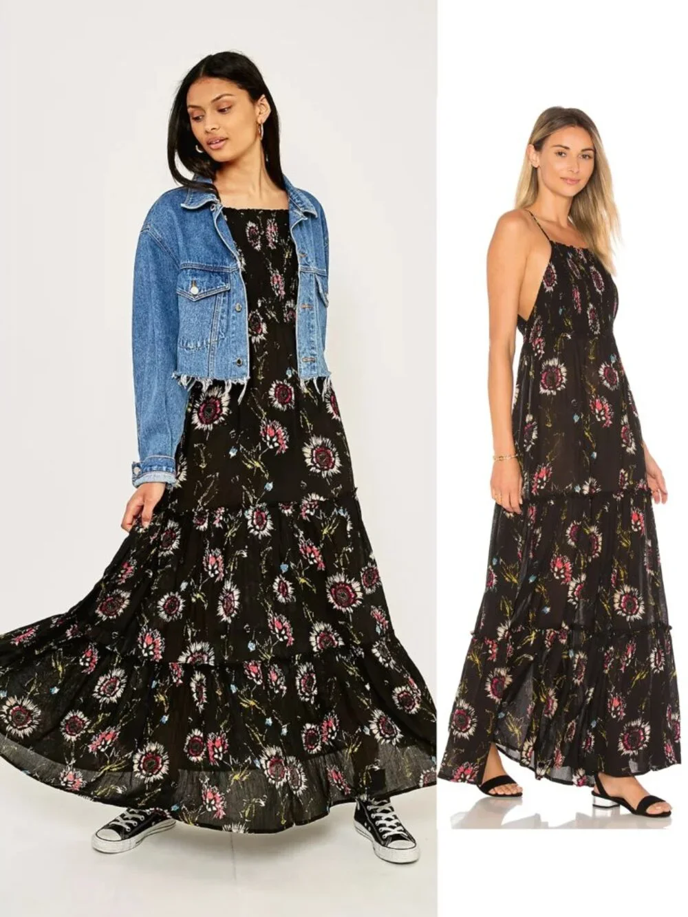 Free People Intimately Garden Party Maxi Dress Tiered Black Floral Boho size M